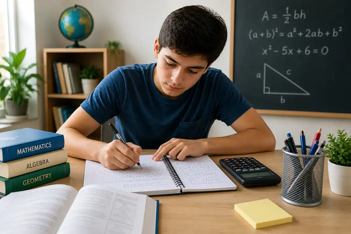 Elev care rezolvă probleme de geometrie în caiet, cu tabla de formule în spate